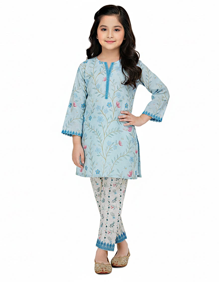 BLUE LAWN EMBROIDERED STITCHED 2PC