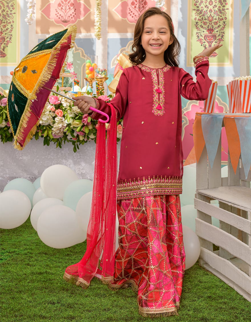 Pink Raw Silk Girls 3 Piece Stitched | Jgkl-S-Jjgf-23-006