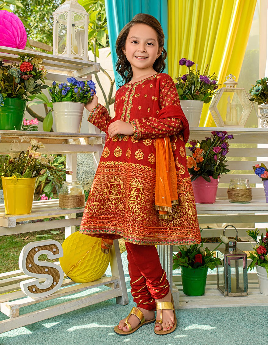 Red Raw Silk Girls 3 Piece Stitched Dress | Jgkl-S-Jjgs-22-019