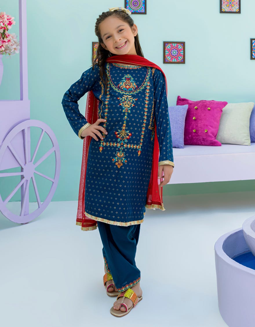 Blue Jacquard Girls 3 Piece Stitched | Jgkl-S-Jjgs-23-035