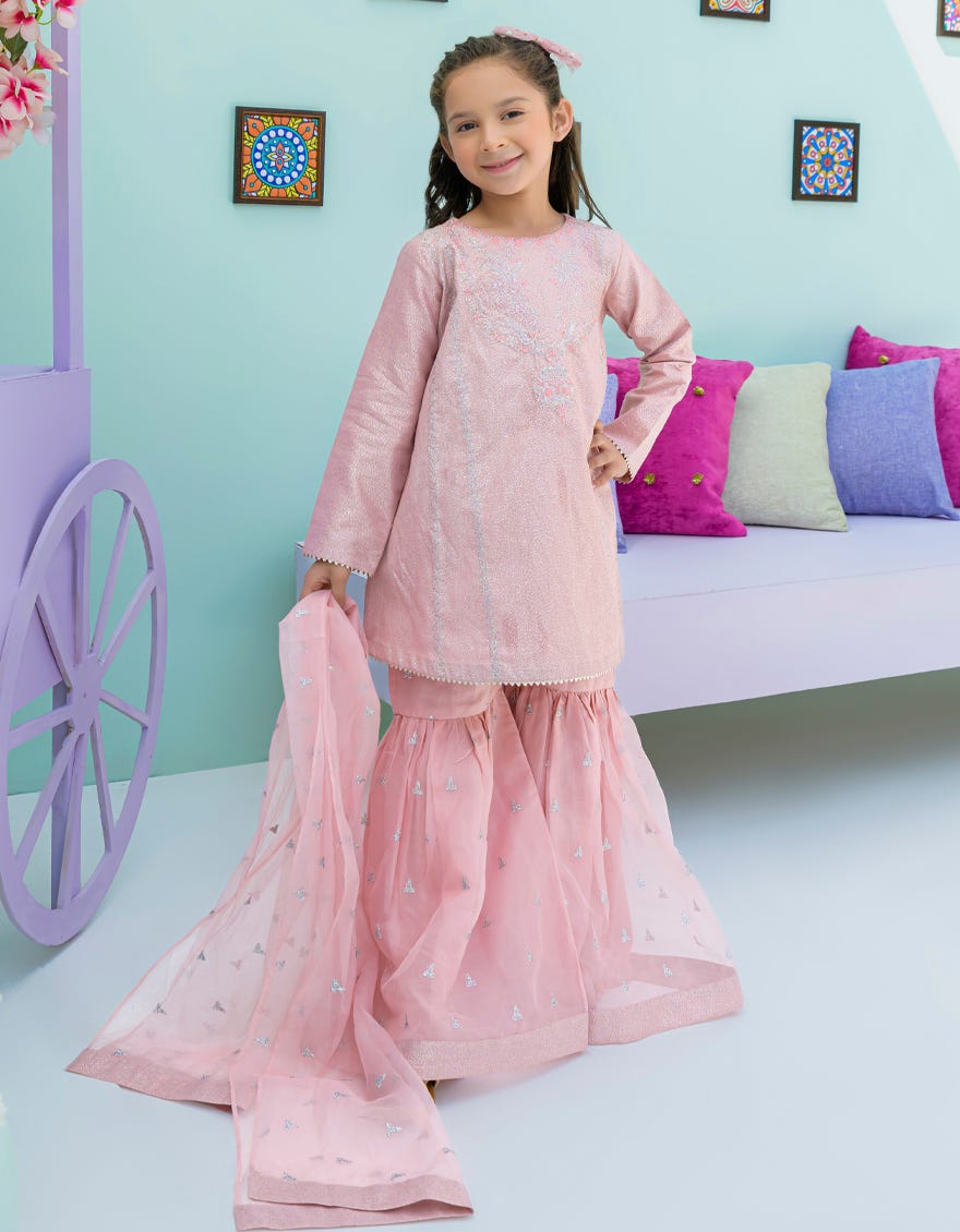 Tea Pink Cotton Girls 3 Piece Stitched | Jgkl-S-Jjgs-23-039