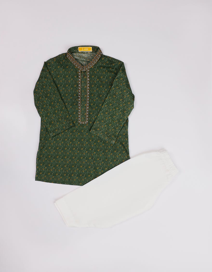GREEN COTTON PRINTED KAMEEZ SHALWAR