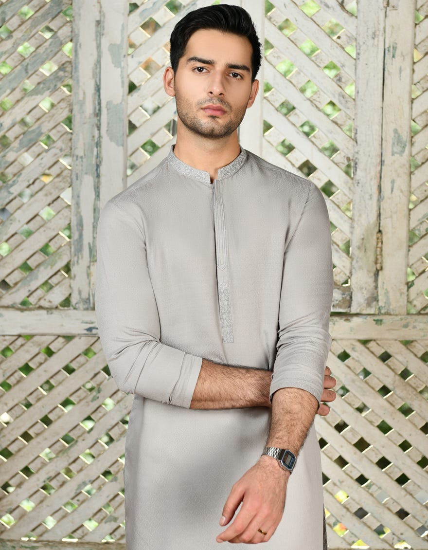 Light Grey Blended Men's Kurta | Jjk-A-32934