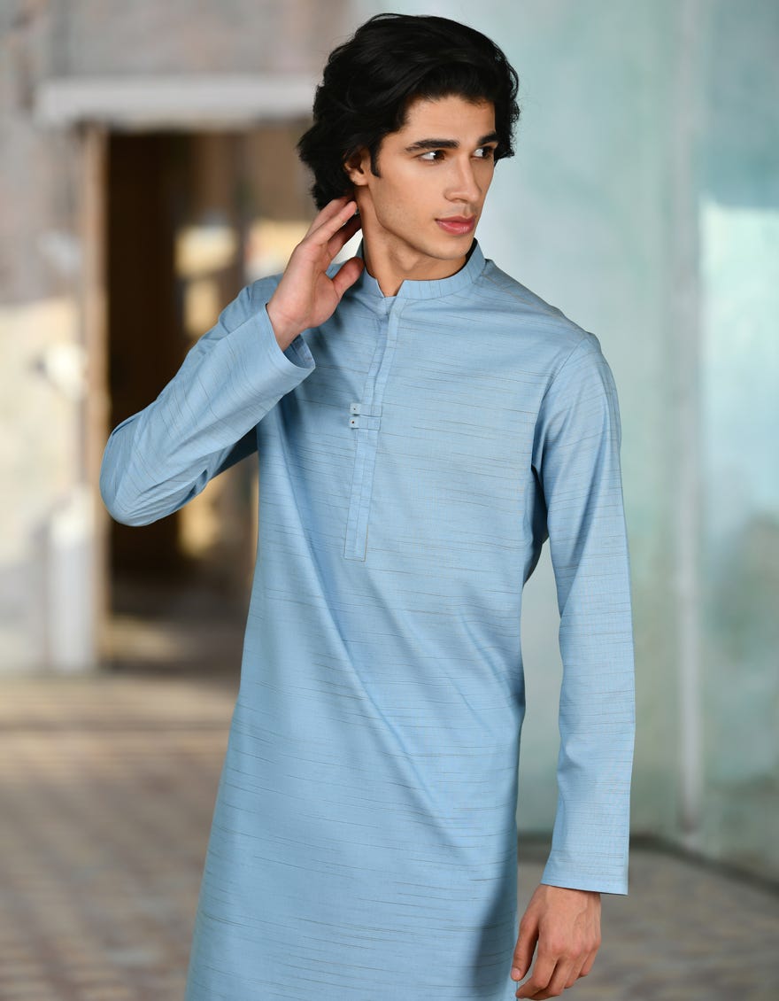 Sky Blue Blended Men's Kurta | Jjk-A-32937