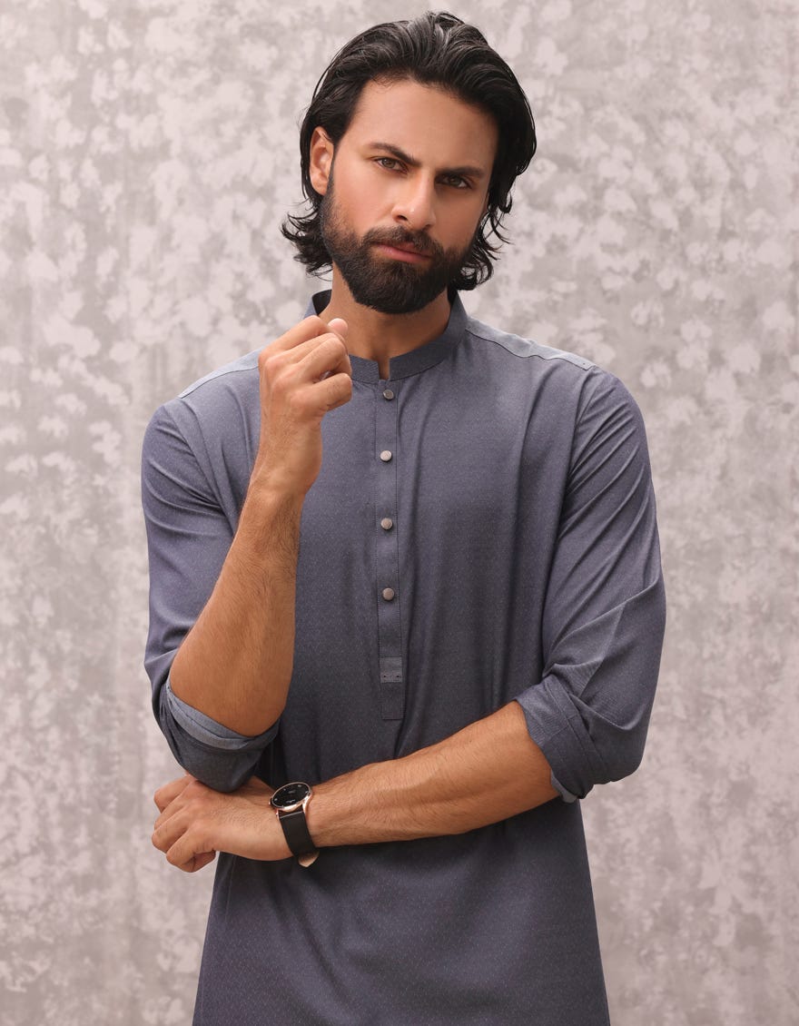 Denim Blue Blended Men's Kurta | Jjk-A-32969