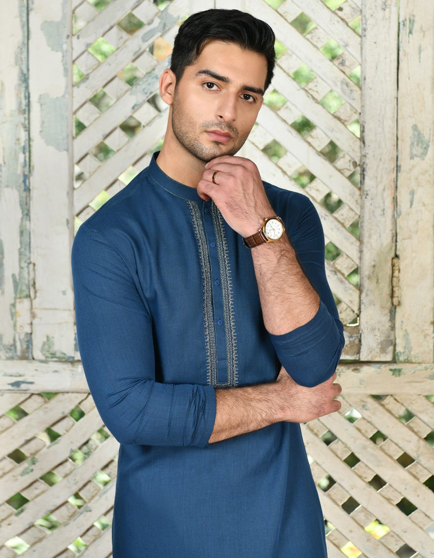 Electric Blue Blended Men's Kurta | Jjk-A-34706