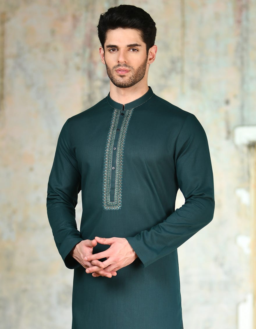 BOTTLE GREEN BLENDED KURTA | JJK-A-34707