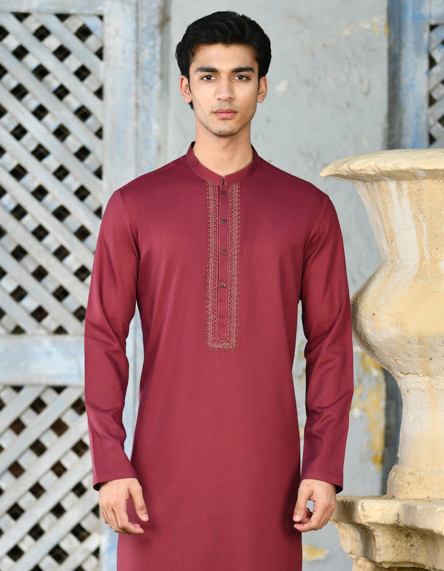 Deep Red Blended Men's Kurta | Jjk-A-34708