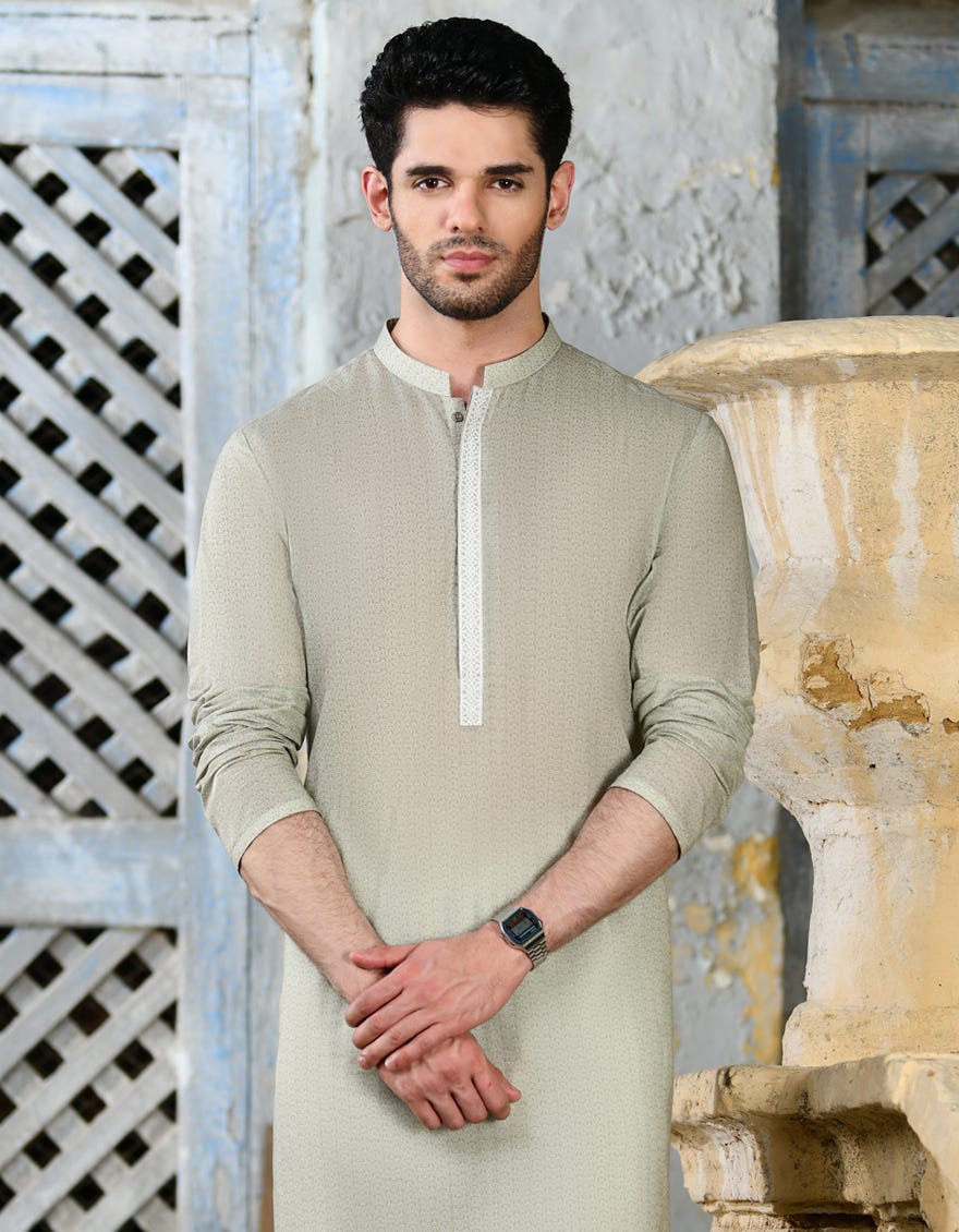 Dull Green Cvc Men's Kurta | Jjk-S-34746
