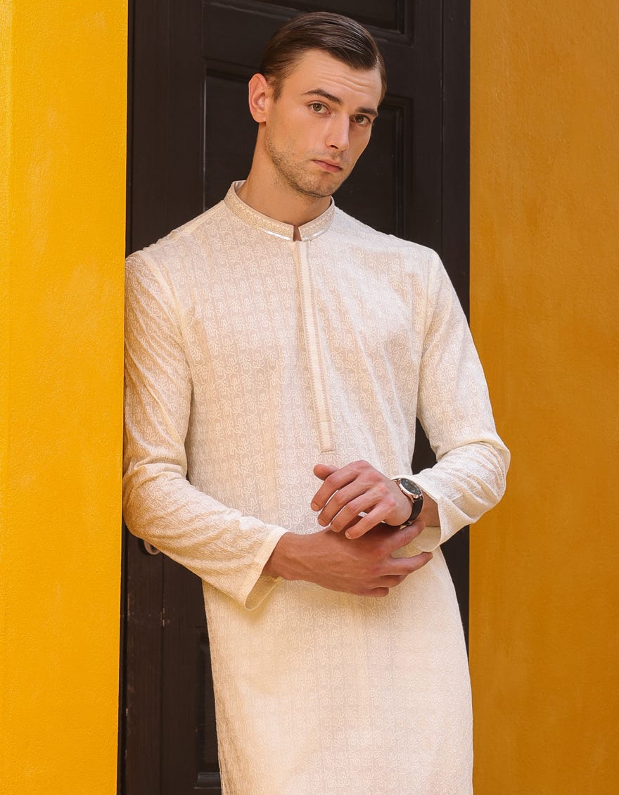 Off White Cotton Men's Kurta | Jjk-S-47154