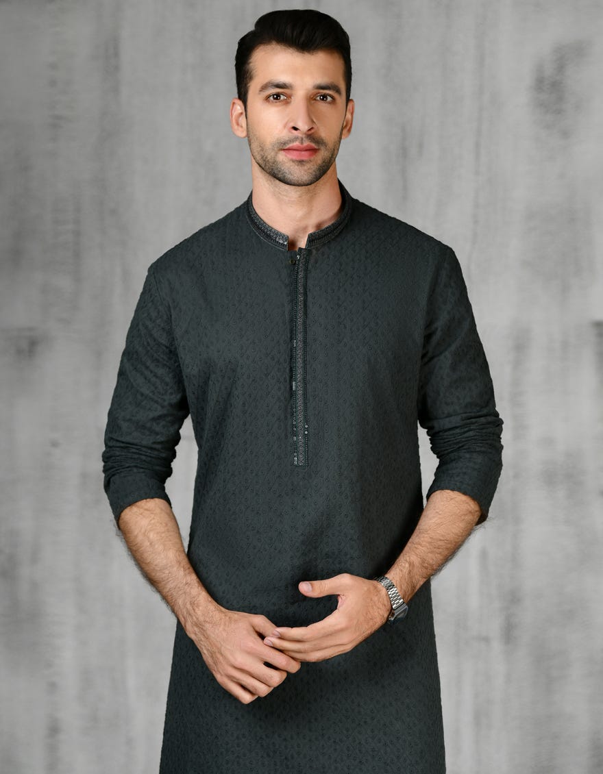Dark Green Cotton Men's Kurta | Jjk-A-47180