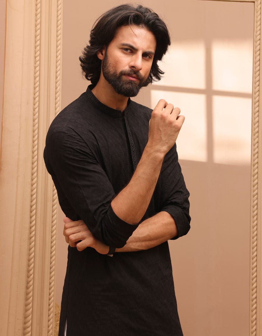 Black Cotton Men's Kurta | Jjk-S-47254