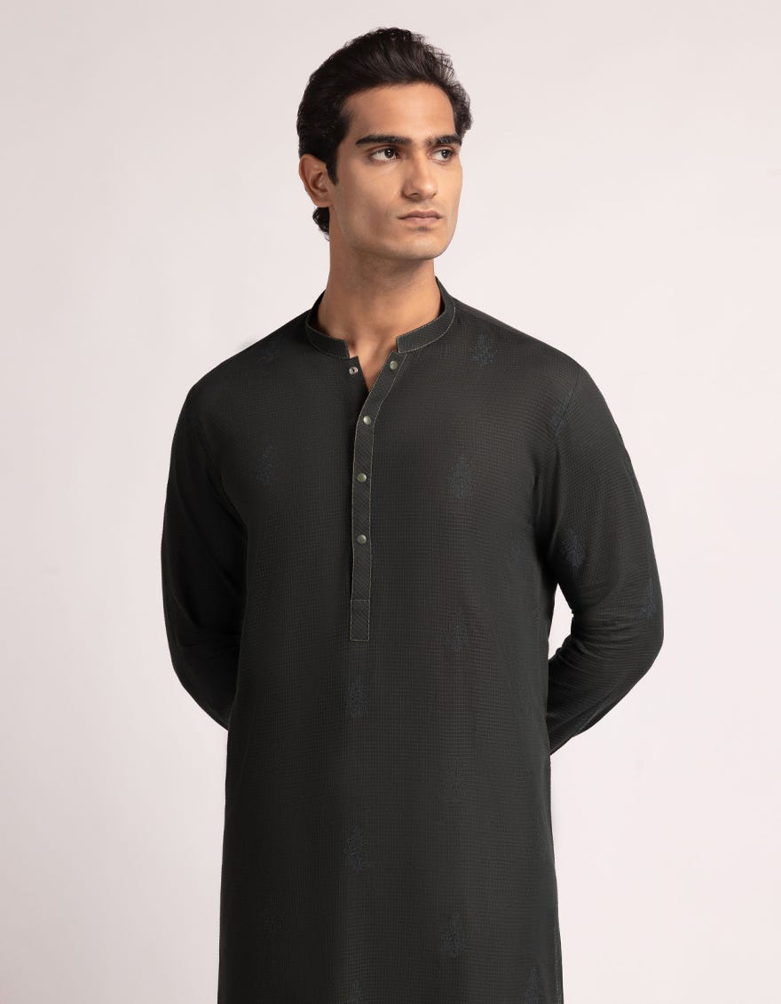 DARK GREEN COTTON SEMI-FORMAL KURTA