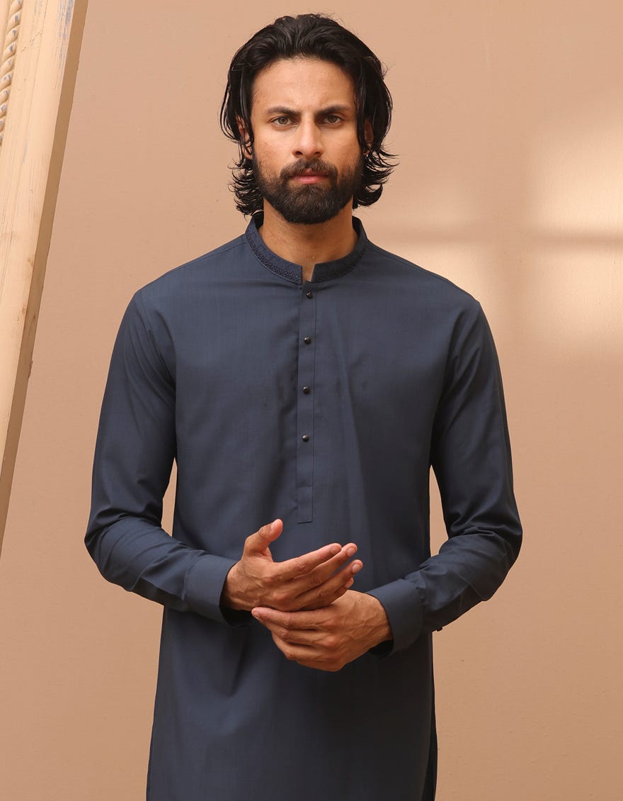 Midnight Blue Blended Men's Kurta Pajama | Jjkp-A-32959