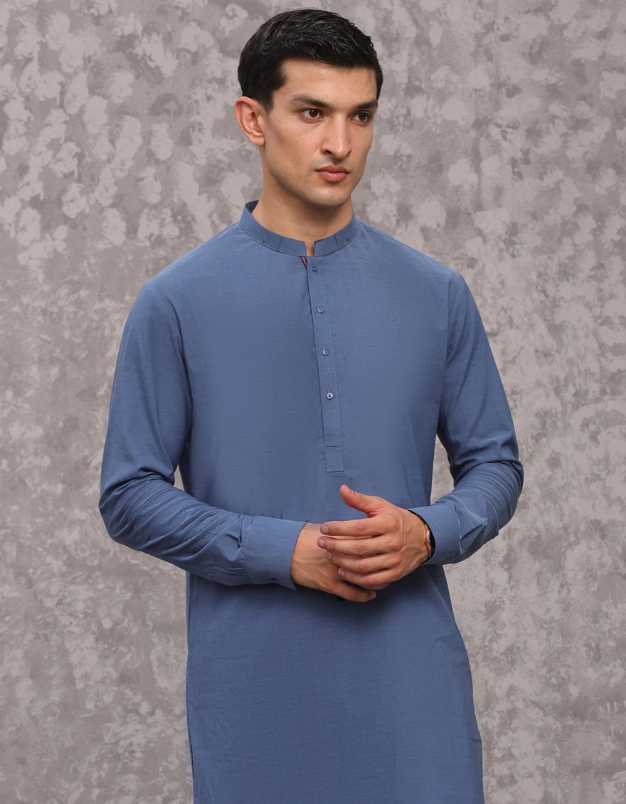 Dull Blue Cotton Men's Kurta Pajama | Jjkp-S-32960