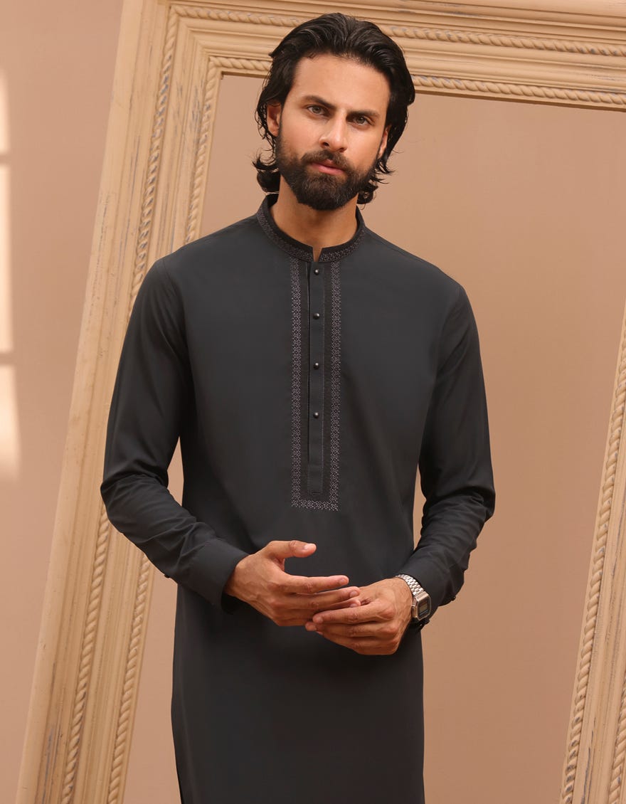 Dark Grey Blended Men's Kurta Pajama | Jjkp-A-32963