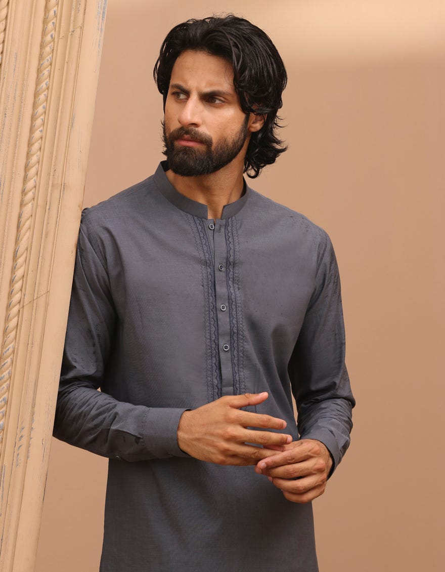 Grey Cotton Men's Kurta Pajama | Jjkp-A-37893