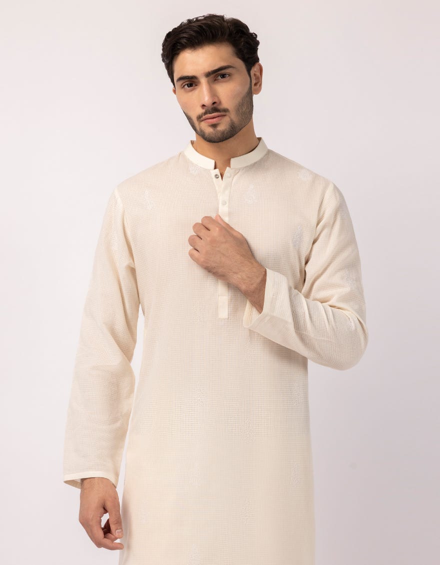 OFF WHITE COTTON SEMI-FORMAL KURTA