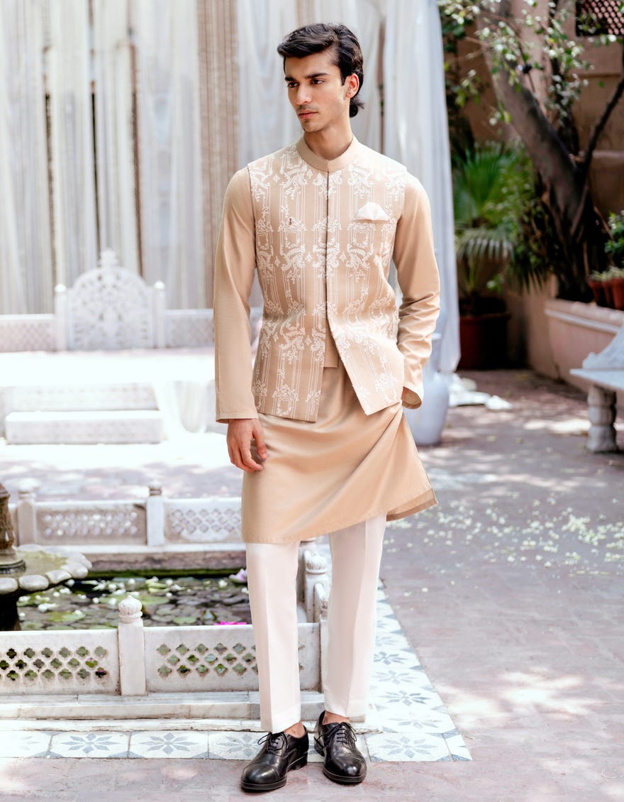 Beige Blended Kurta Pajama+Waistcoat | Jjkpvc-48143