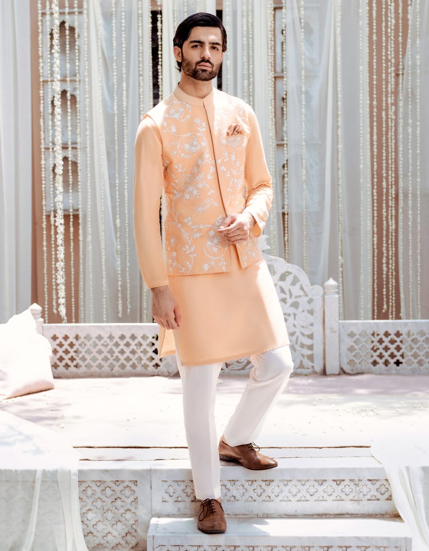 Peach Blended Kurta Pajama+Waistcoat | Jjkpvc-48144
