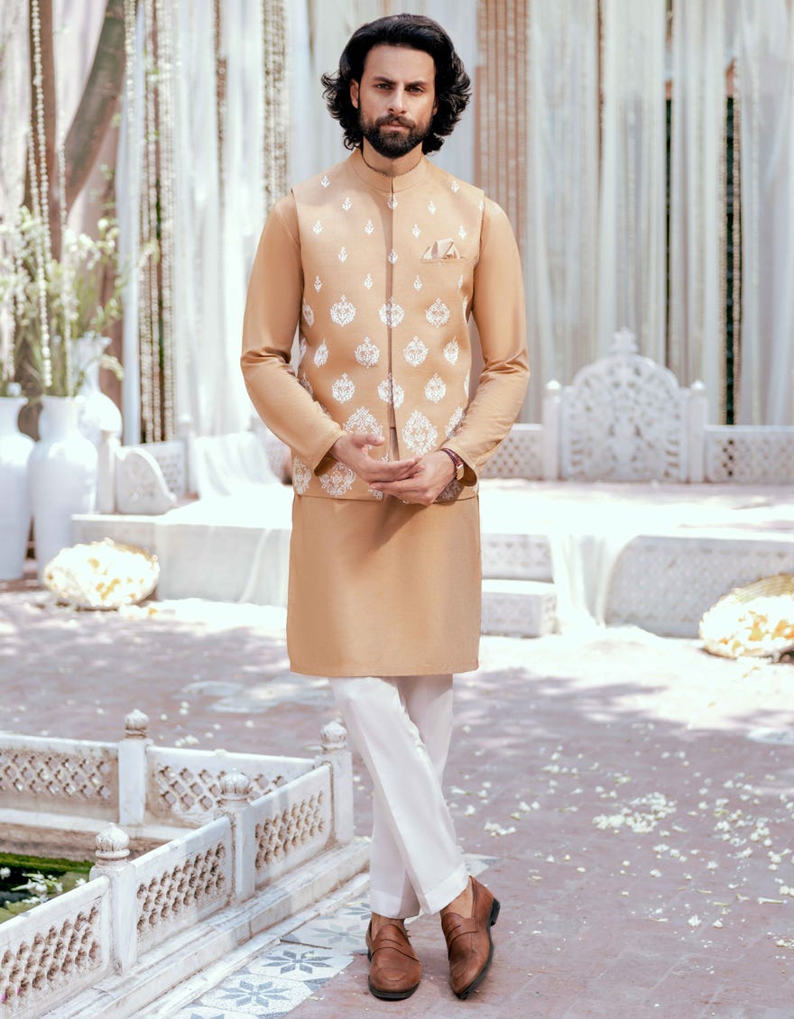 Brown Blended Kurta Pajama+Waistcoat | Jjkpvc-48145