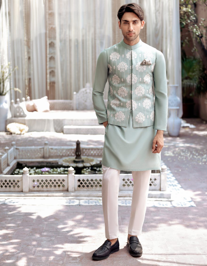 Ferozi Blended Kurta Pajama+Waistcoat | Jjkpvc-48146