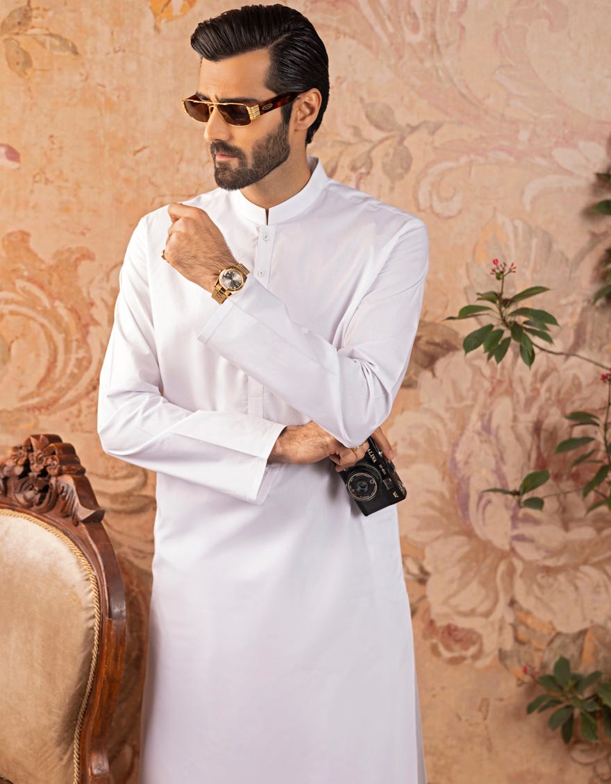 White Cotton Men's Kameez Shalwar | Jjks-A-30730-R13