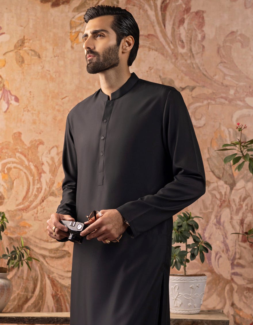 Black Blended Men's Kameez Shalwar | Jjks-A-30778-R28