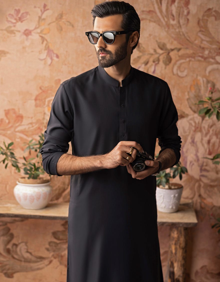 Black Blended Men's Kameez Shalwar | Jjks-A-30778-R27