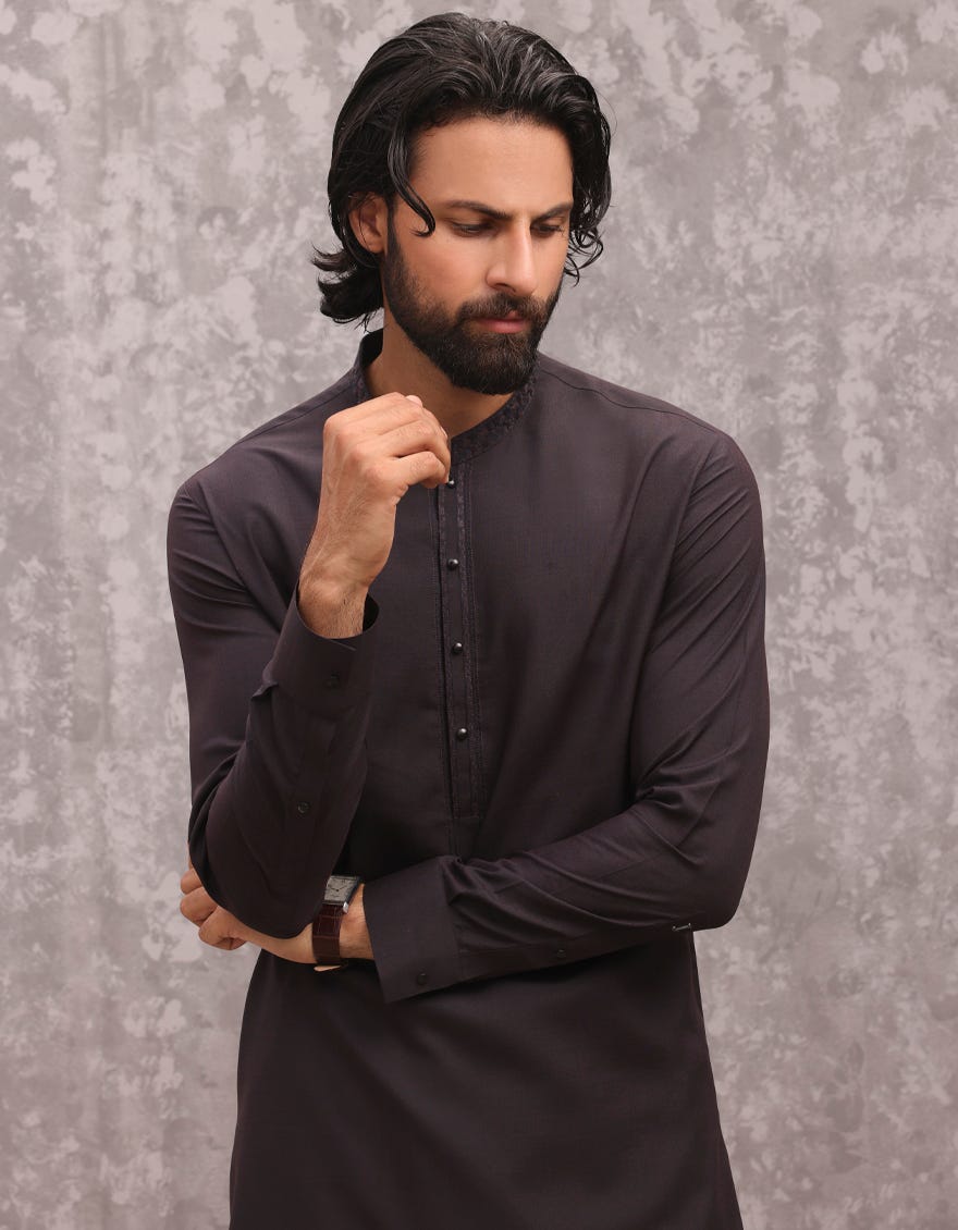 Chocolate Brown Blended Men's Kameez Shalwar | Jjks-A-32949