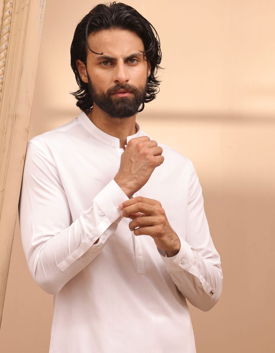 White Blended Men's Kameez Shalwar | Jjks-S-32955