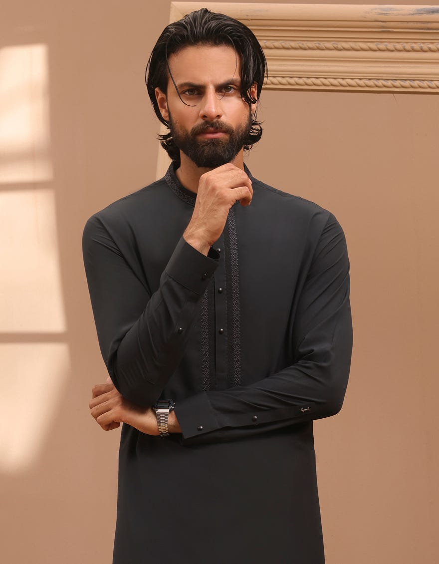 Dark Grey Blended Men's Kameez Shalwar | Jjks-A-32963
