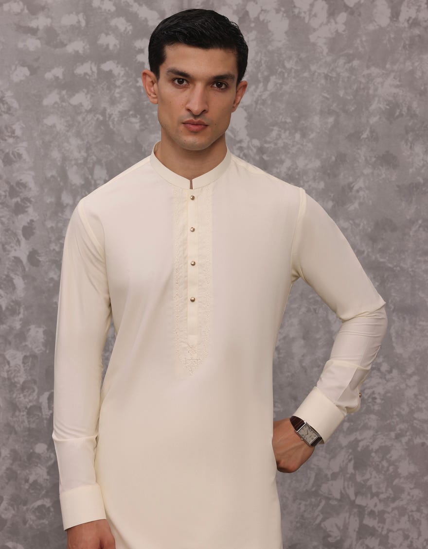 Cream Blended Men's Kameez Shalwar | Jjks-A-32967