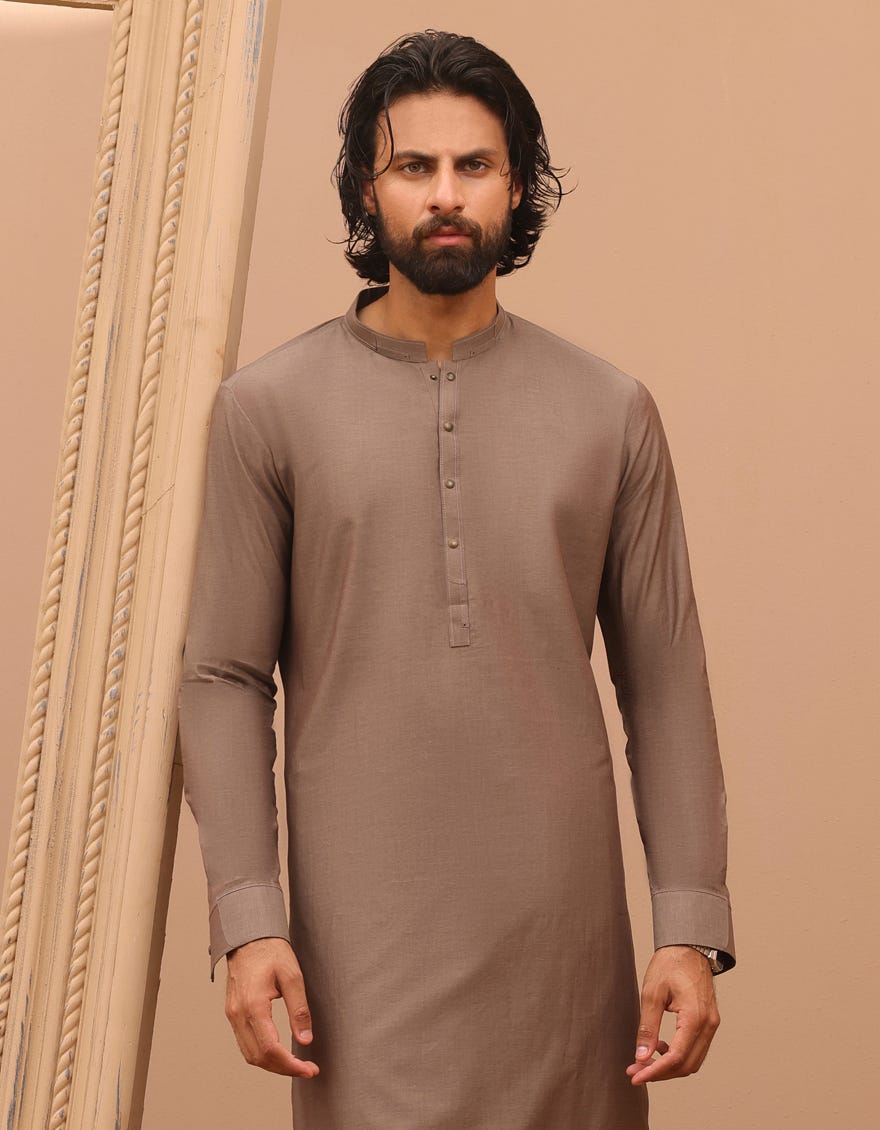 Dull Brown Cotton Men's Kameez Shalwar | Jjks-A-32968