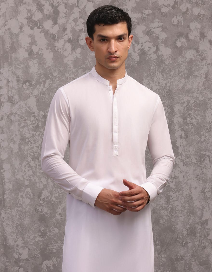 White Blended Men's Kameez Shalwar | Jjks-S-32975