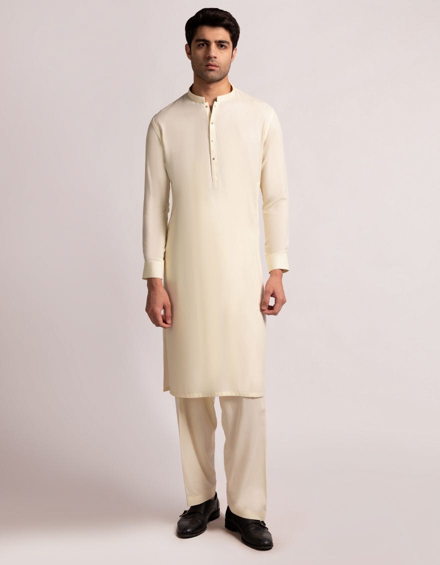 LIGHT YELLOW COTTON SEMI-FORMAL KAMEEZ SHALWAR
