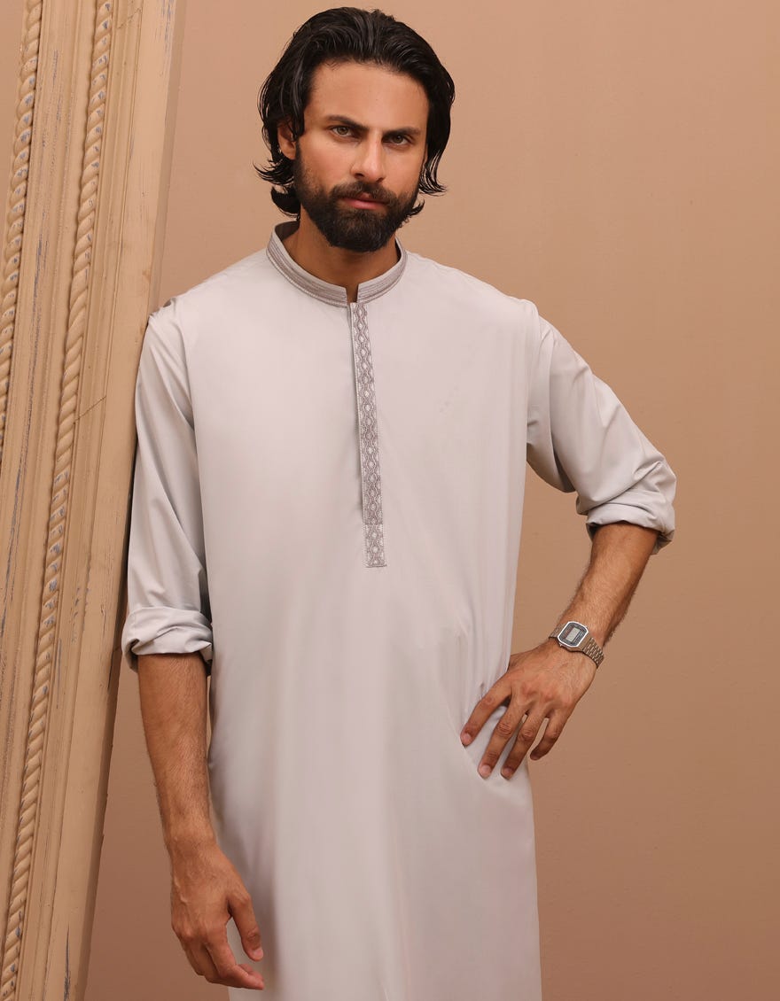 Smoke Grey Blended Men's Kameez Shalwar | Jjks-S-34727