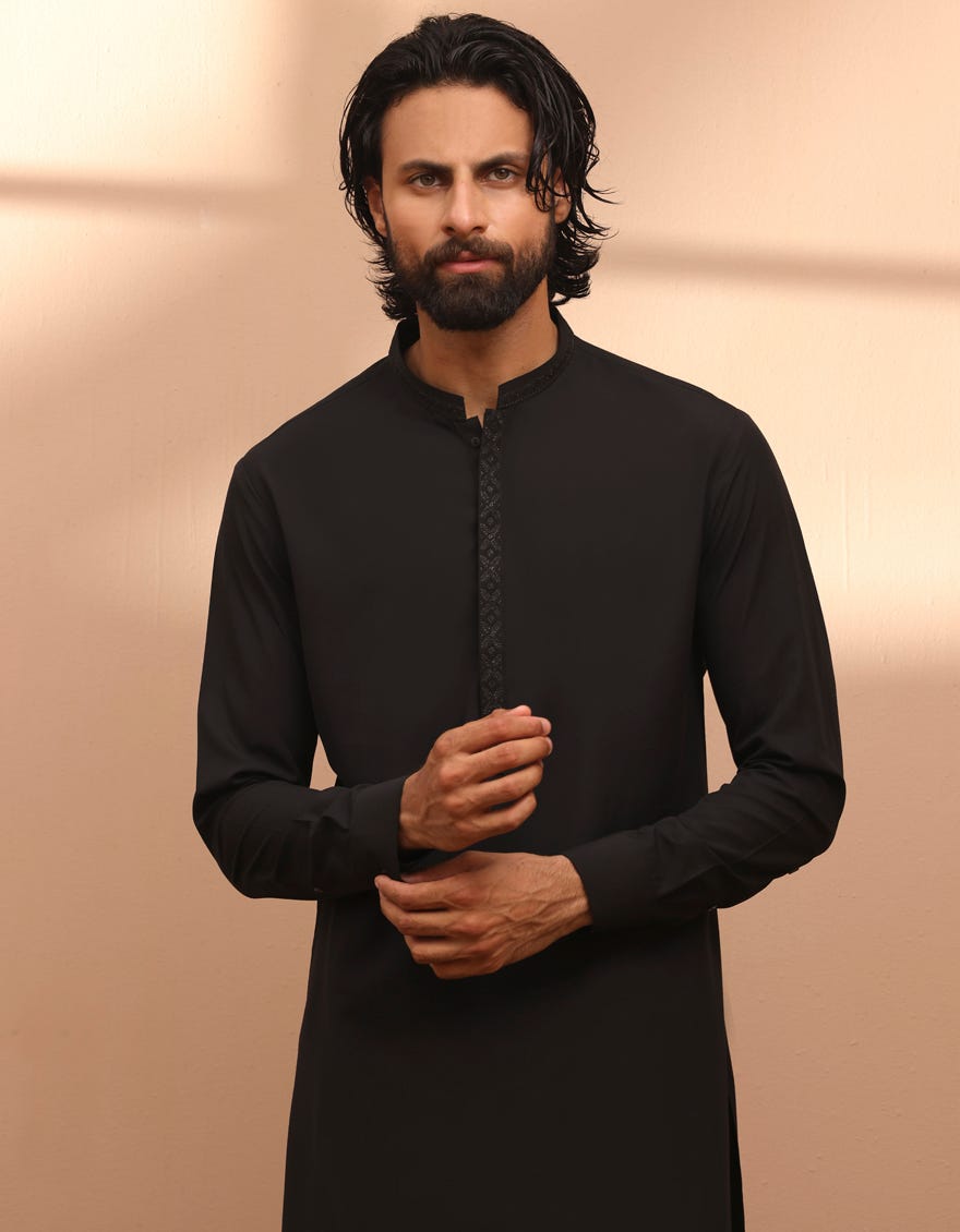 Black Blended Men's Kameez Shalwar | Jjks-A-34768