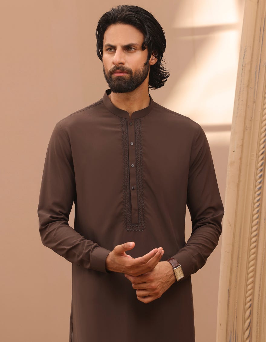 Brown Blended Men's Kameez Shalwar | Jjks-A-34769