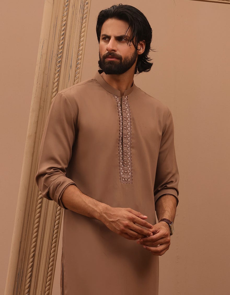 Camel Brown Blended Men's Kameez Shalwar | Jjks-A-34770