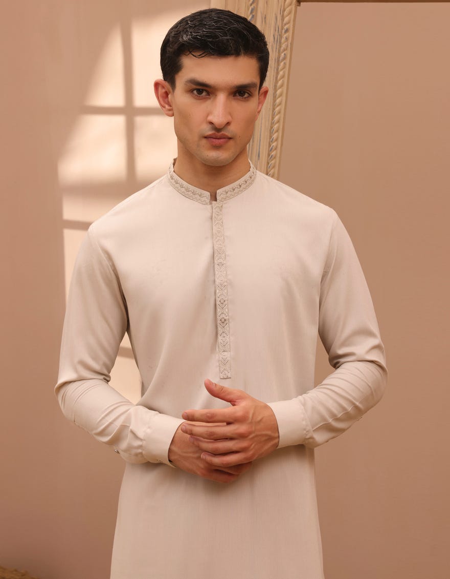 Cream Blended Men's Kameez Shalwar | Jjks-A-34772