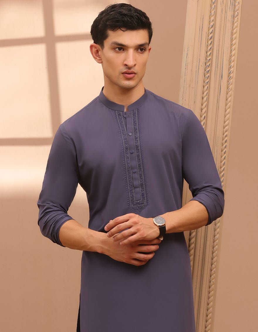 Pigeon Blue Blended Men's Kameez Shalwar | Jjks-A-34778