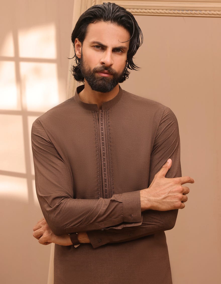 Brown Blended Men's Kameez Shalwar | Jjks-A-34781