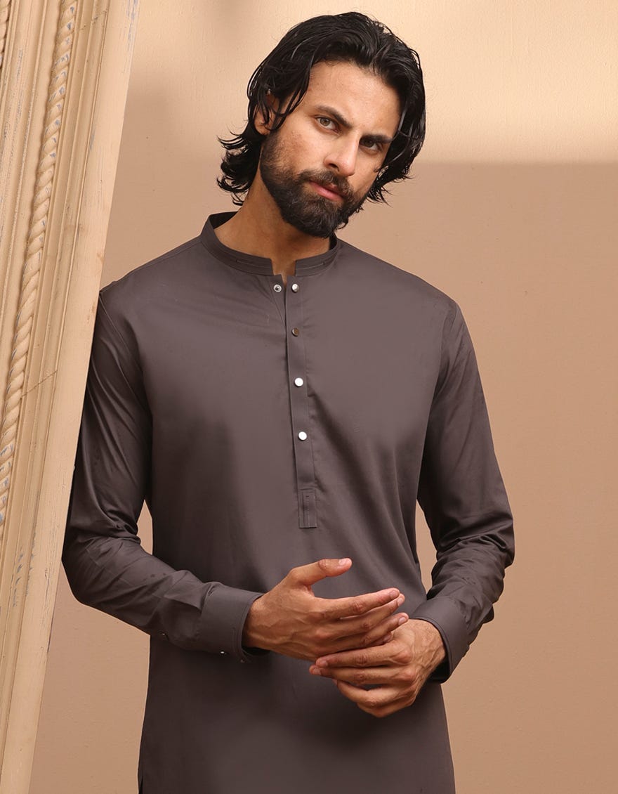 Charcoal Grey Cotton Men's Kameez Shalwar | Jjks-S-37878