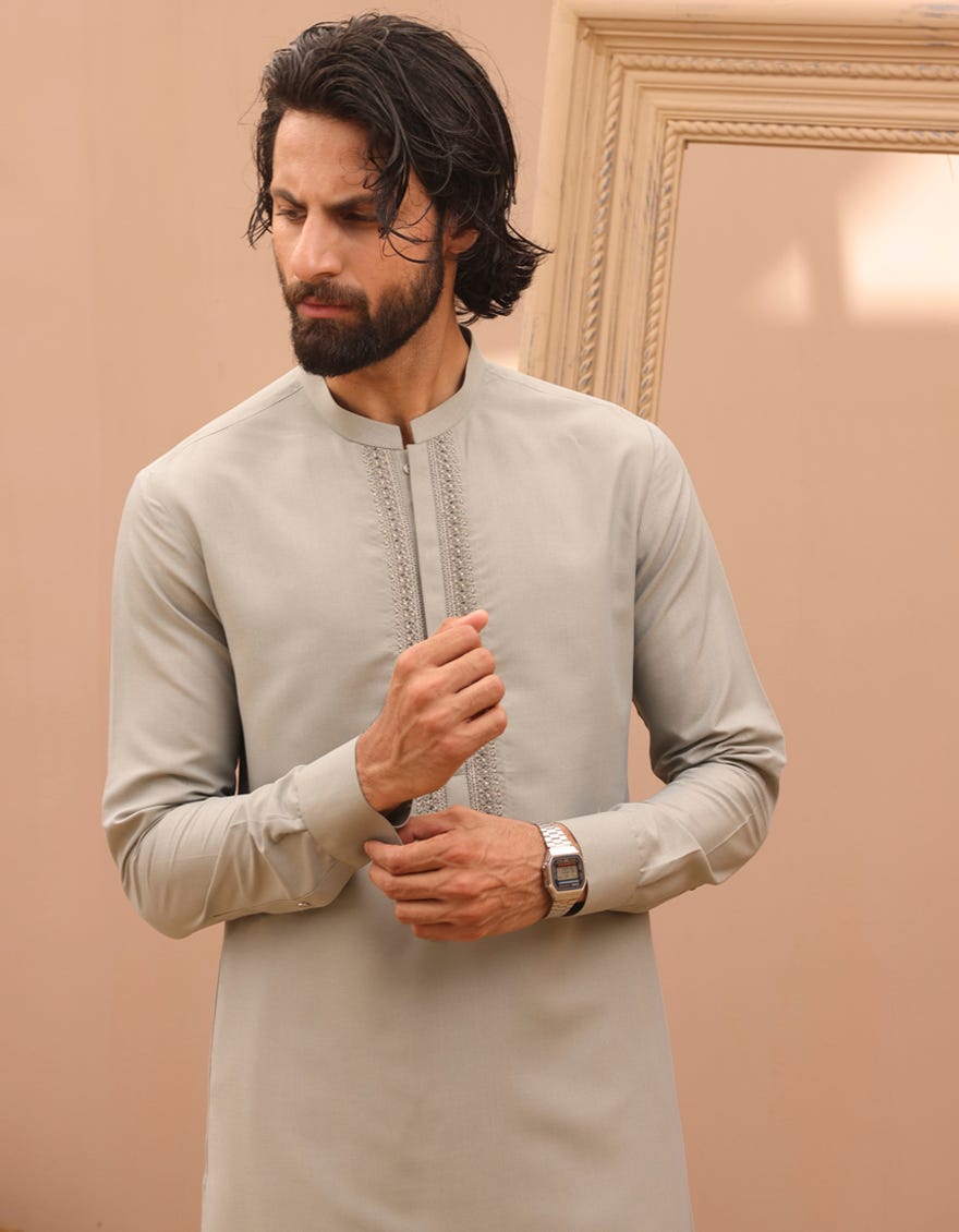 Sage Green Blended Men's Kameez Shalwar | Jjks-S-37884