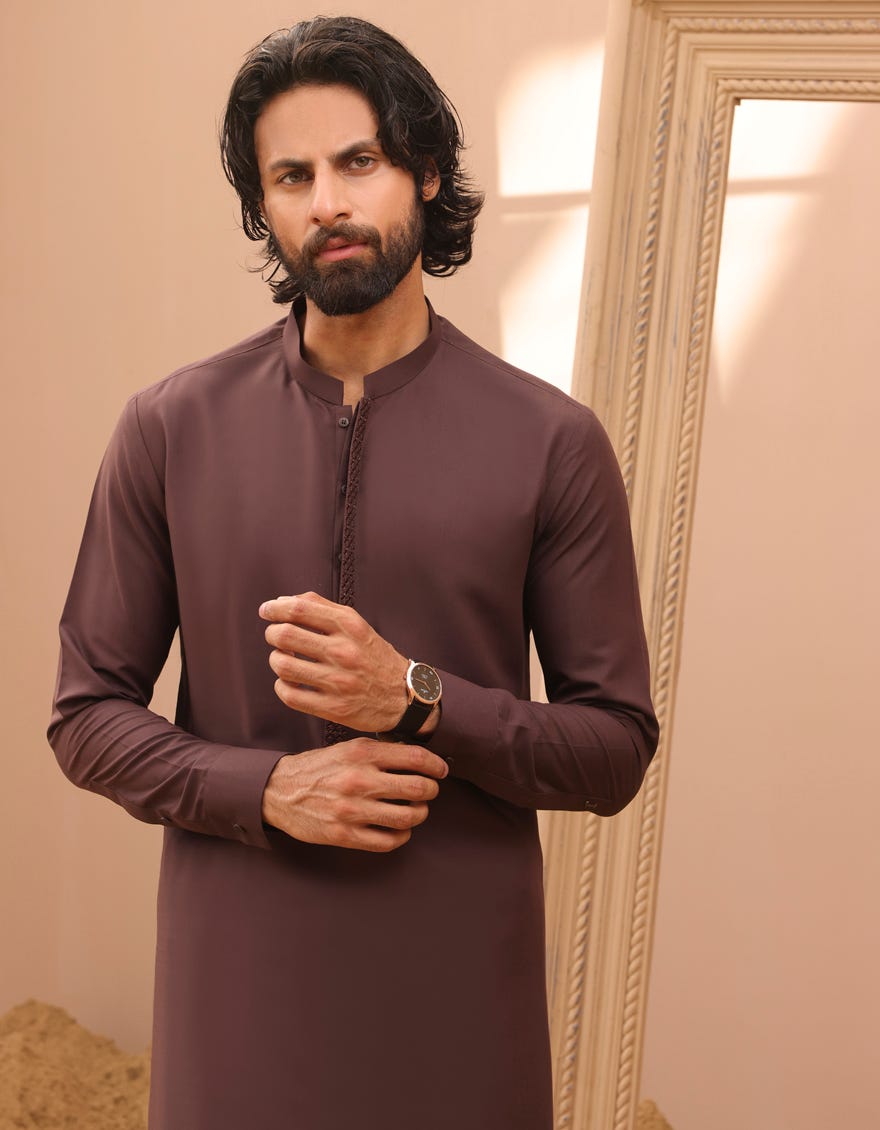 Brown Blended Men's Kameez Shalwar | Jjks-S-37885