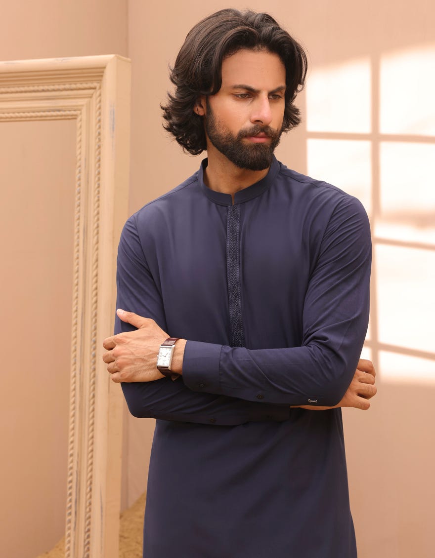 Navy Blue Blended Men's Kameez Shalwar | Jjks-A-37887