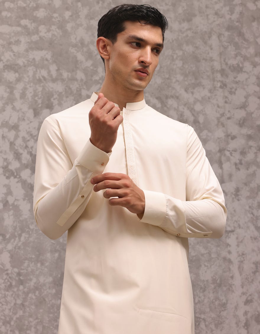 Cream Blended Men's Kameez Shalwar | Jjks-A-37888