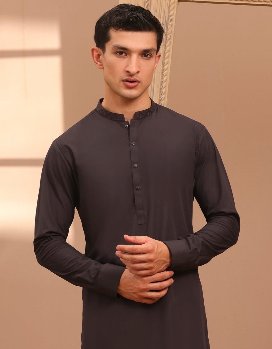 Dark Brown Blended Men's Kameez Shalwar | Jjks-A-37889