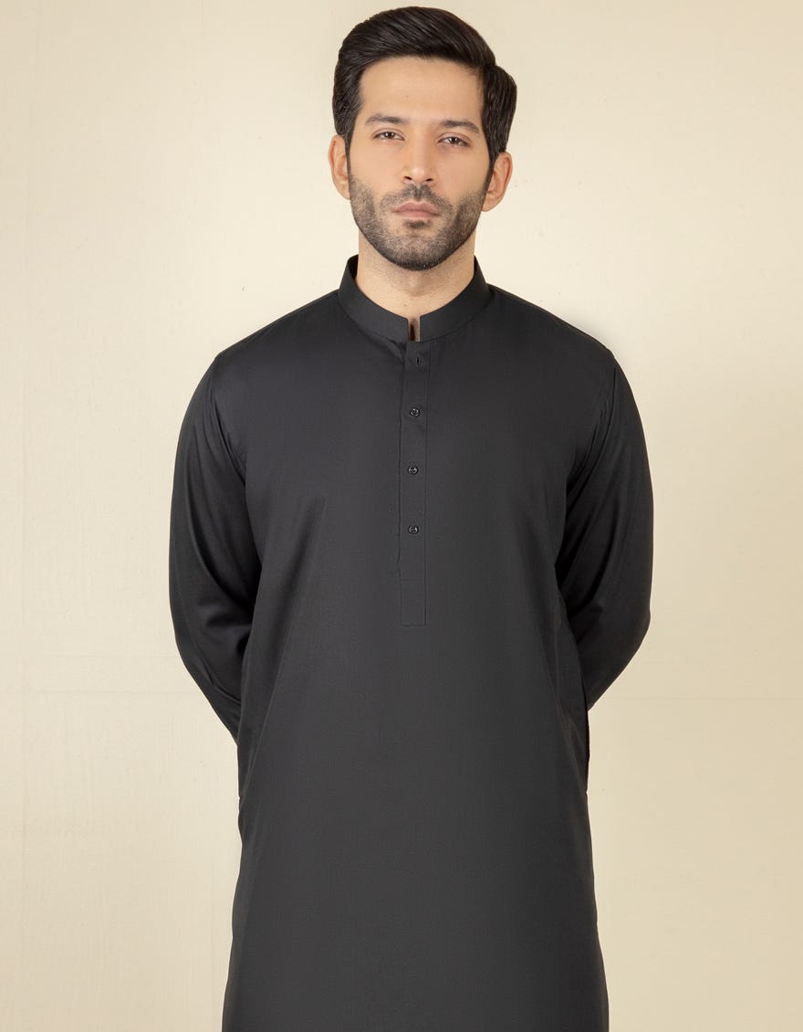 Black Blended Men's Kameez Shalwar | Jjks-A-40351-R2
